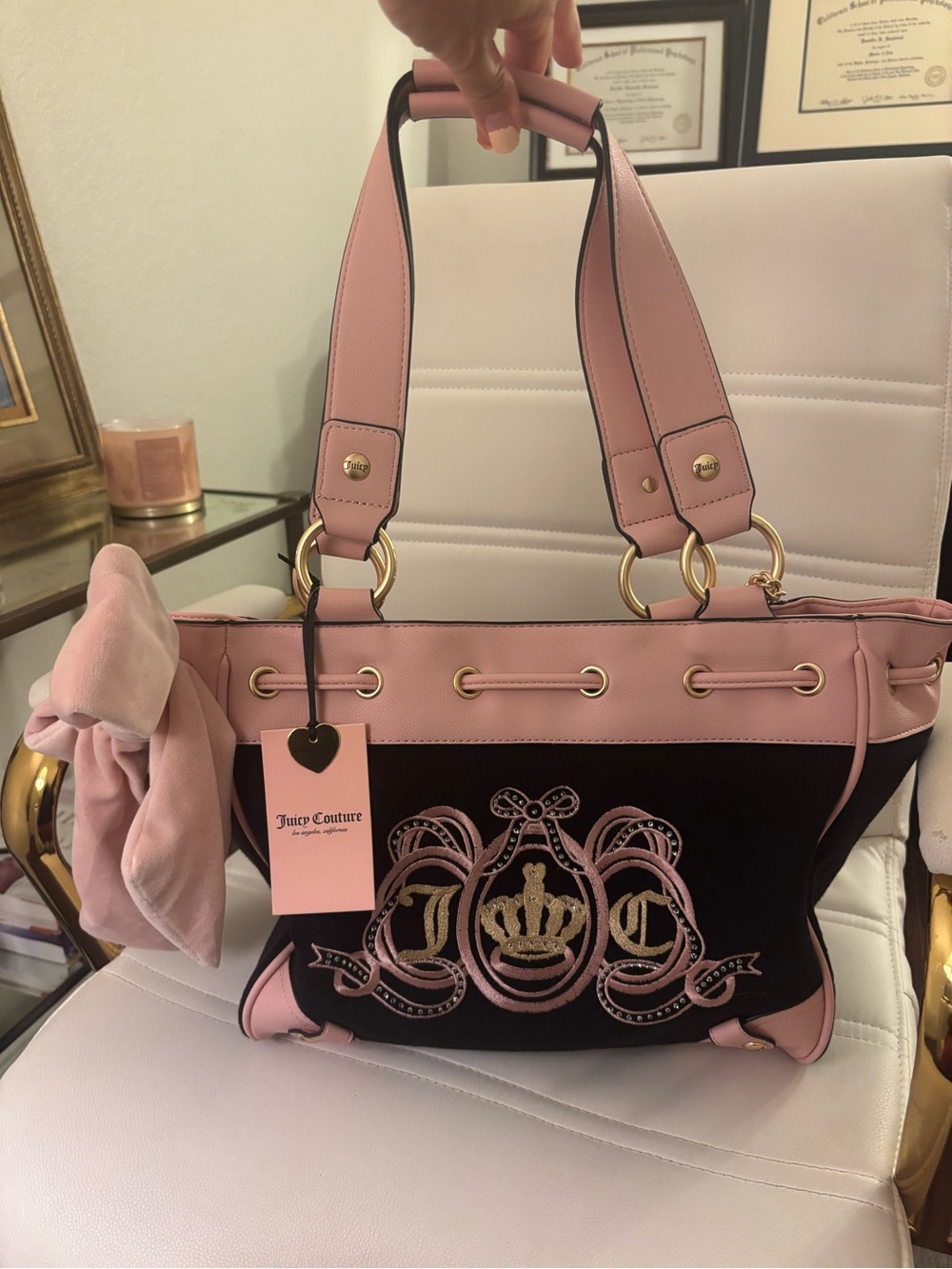 NWT Juicy Couture Pink and Black Terry Tote Crest Embroidery bag charm bag tag